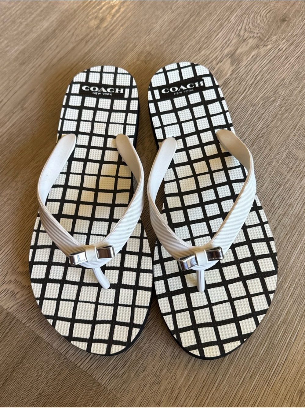 Coach Black & White Grid Flip Flop Sandals